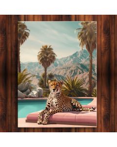 
Meet "Cheetah On Vacation" - a captivating stretch canvas print that beautifully blends relaxation and adventure. Picture this: a majestic cheetah reclining by the pool in a desert oasis, enveloped by the gentle rustle of swaying palm trees.