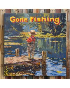 little boy fishing in a lake Gone fishing wood sign