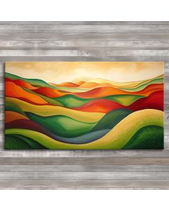 a captivating stretch canvas print that transports you to a picturesque landscape of rolling hills painted in lush greens, vibrant yellows, and fiery reds.
