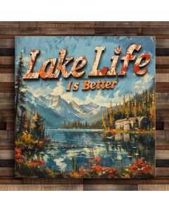 Salmon Lake house wood sign view with mountains 