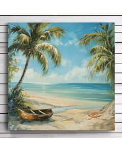 painting about a boat sitting in between to palm trees on a beautiful beach with calm ocean landscape